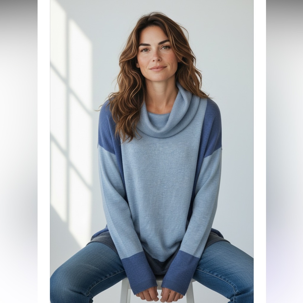 ETCETERA Sweater Cowl Cashmere Blend Colorblock Blue Pullover Long Sleeve XS